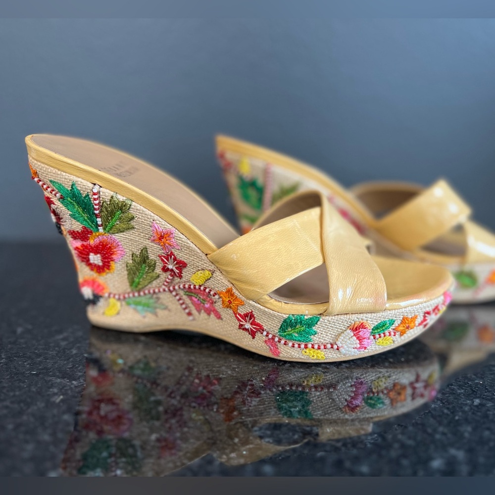 Stuart Weitzman Yellow Wedge Shoes with Intricate Design